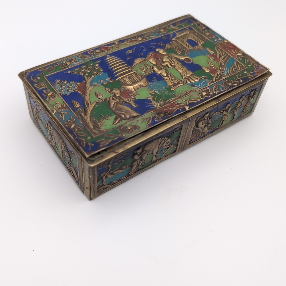 Antique Chinese Cloisonne Enamel Brass Trinket Box Pagoda Elephant Wood Lined